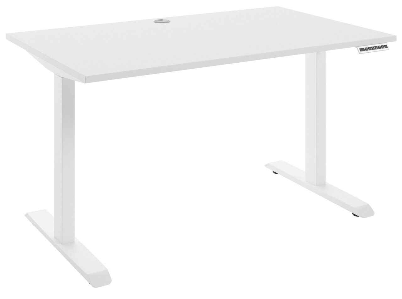 Weißer E-Schreibtisch mit rechteckiger Tischplatte und zwei stabilen T-Füßen, seitliche Perspektive