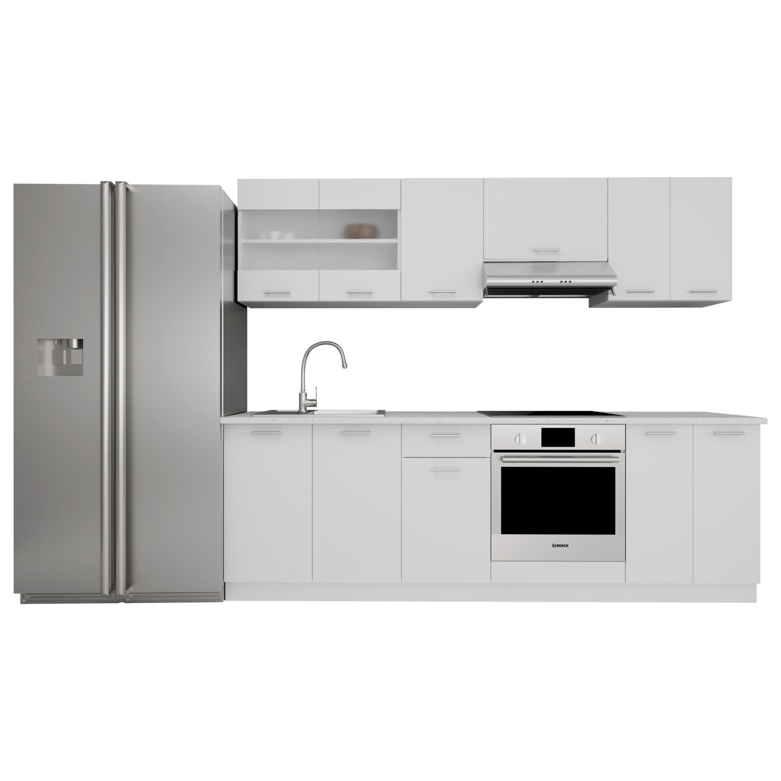 Moderne weiße Einbauküchenzeile mit Hängeschränken, Spüle und Armatur, Induktionskochfeld, Edelstahl-Dunstabzugshaube, Bosch Einbaubackofen und Side-by-Side-Kühlschrank mit Wasserspender, Frontansicht