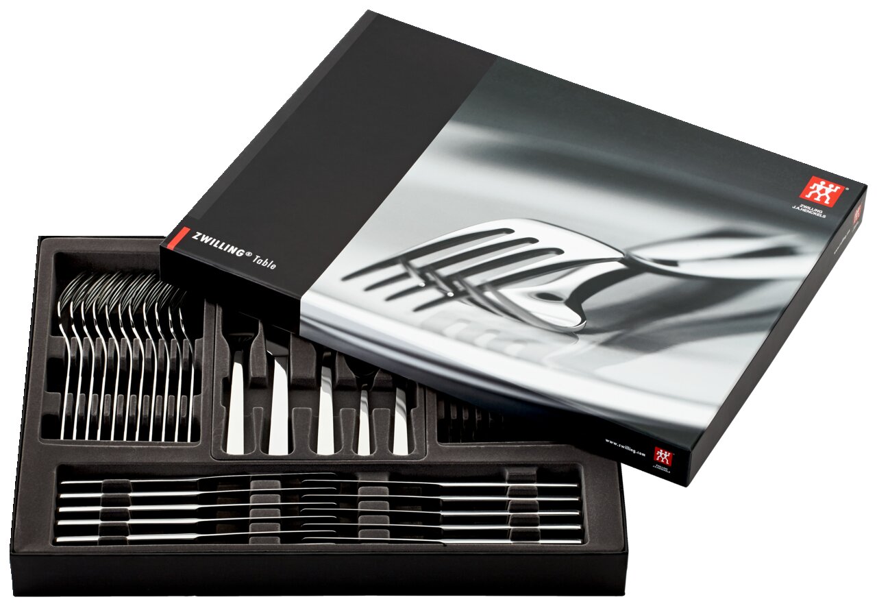 Besteckset King 60-teilig poliert in geöffneter Verpackung, von oben fotografiert