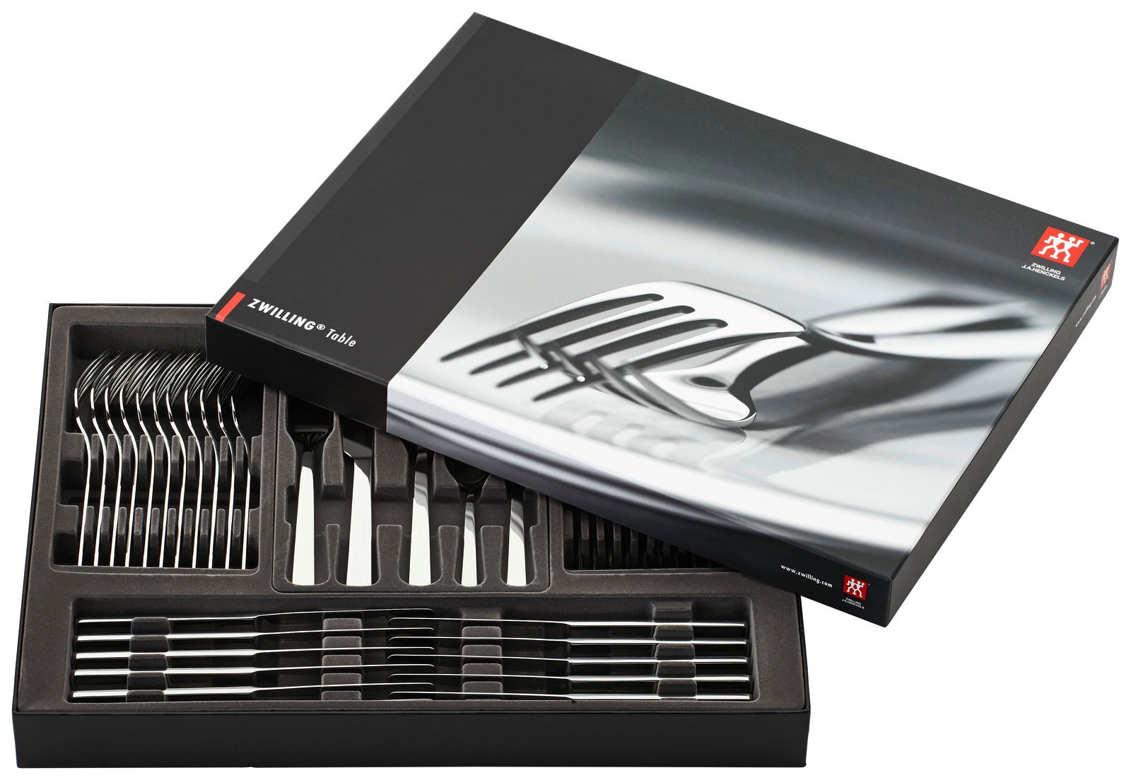 Besteckset King 60-teilig poliert in geöffneter Verpackung, von oben fotografiert
