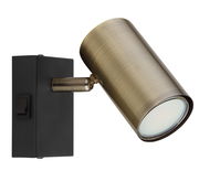 Strahler in Altmessing mit zylindrischem Lampenkopf und rechteckiger Wandhalterung, seitliche Perspektive