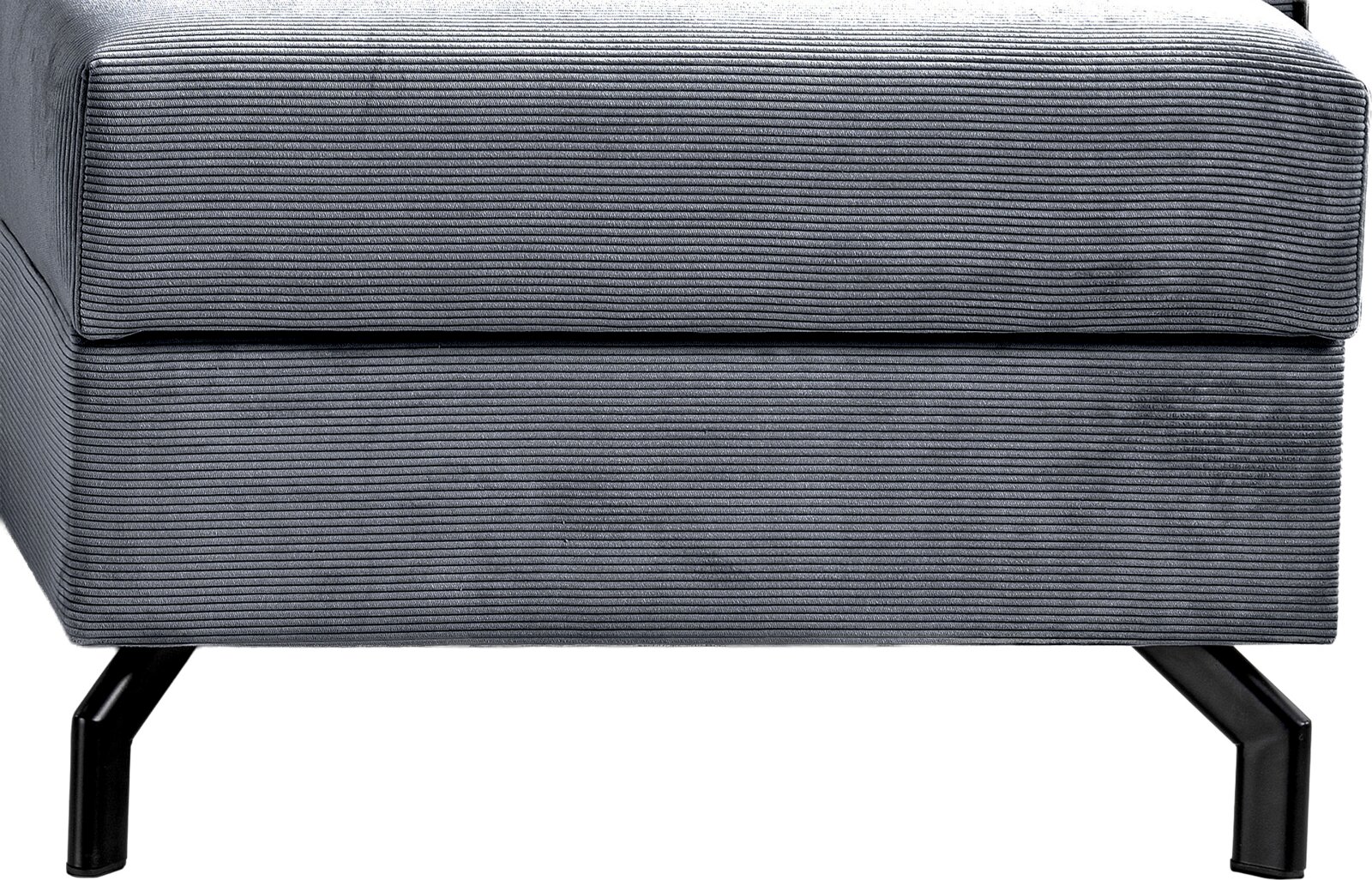 Nahaufnahme eines grauen Schlafsofas in L-Form mit Metallbeinen, seitliche Perspektive
