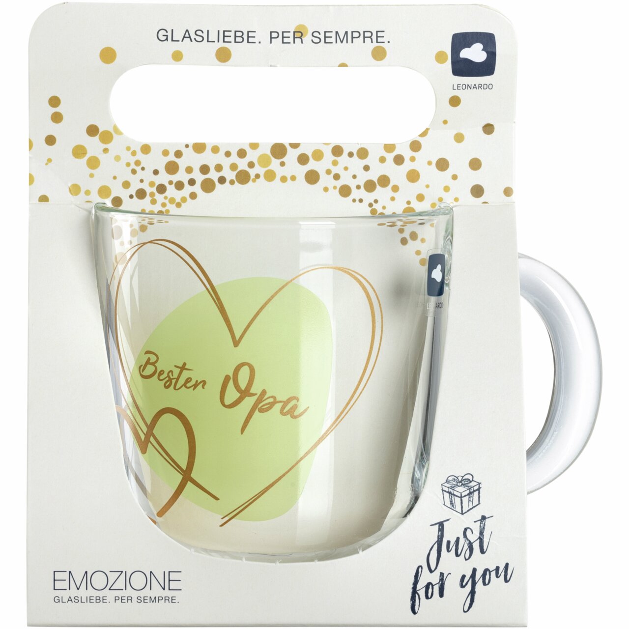 Leonardo Geschenktasse Bester Opa EMOZIONE Glas-Tasse mit der Aufschrift 'Bester Opa' in einem goldenen Herzdesign, frontal präsentiert in einer Geschenkverpackung.