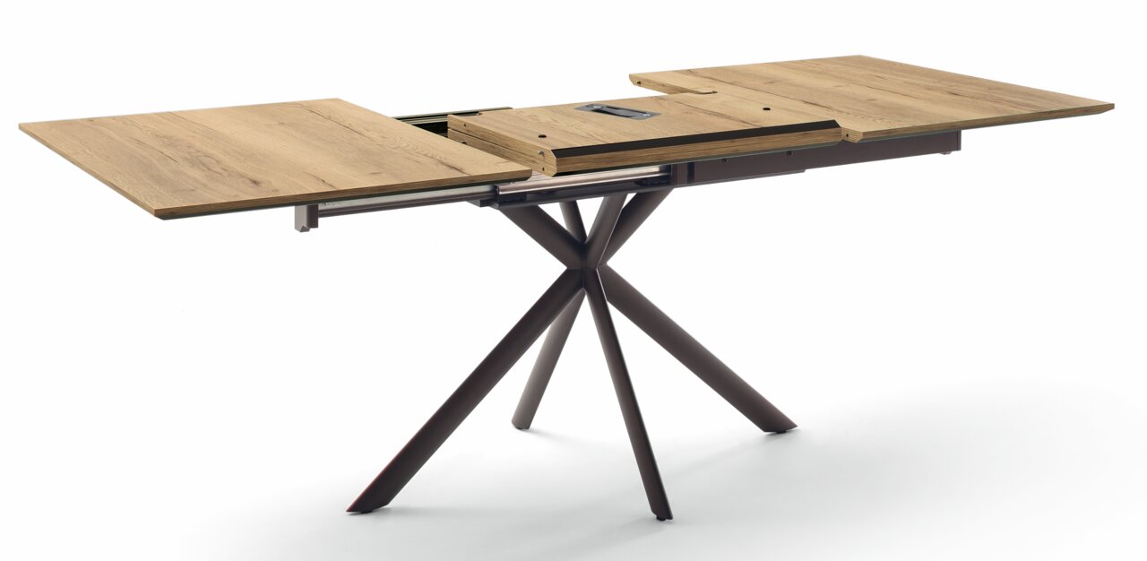 Moderner Esstisch mit ausziehbarer Holzplatte und Metallgestell, seitliche Perspektive