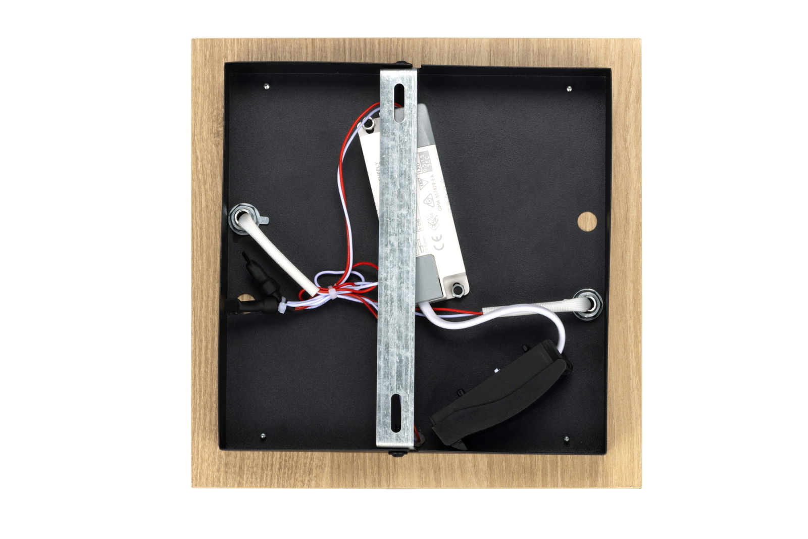 Rückansicht einer LED-Deckenleuchte mit sichtbarer Verkabelung und Metallrahmen.