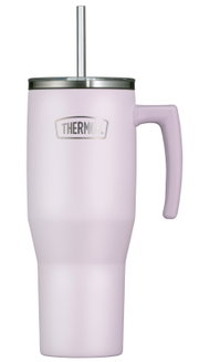 Lichtroze Thermos-isoleerbeker met handvat, deksel en metalen rietje, recht van voren weergegeven