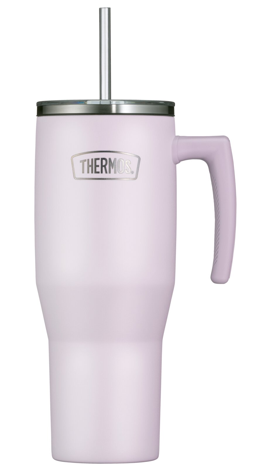 Lichtroze Thermos-isoleerbeker met handvat, deksel en metalen rietje, recht van voren weergegeven