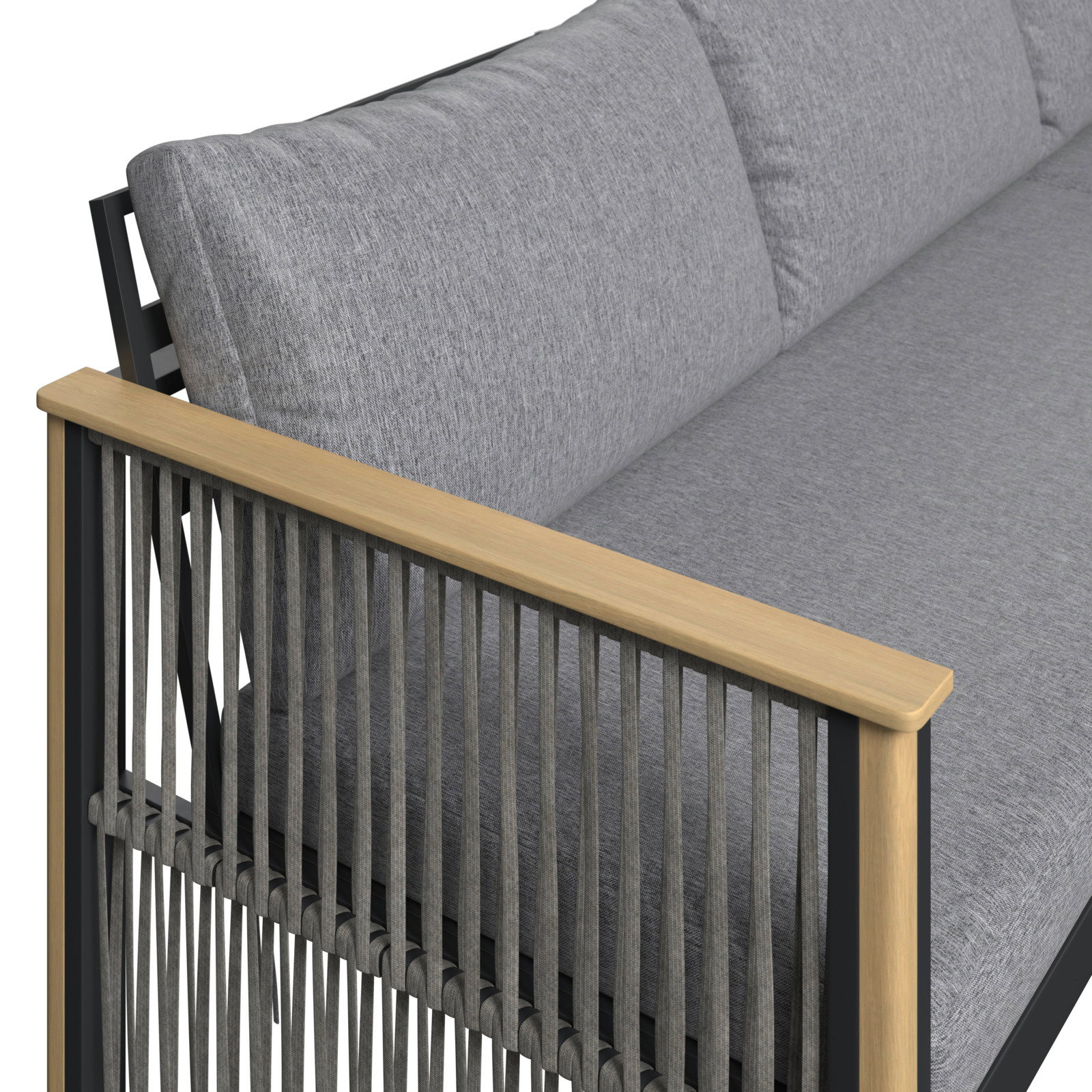 Detailansicht eines Lounge-Sofas mit grauen Kissen und Holzarmlehne, seitliche Perspektive