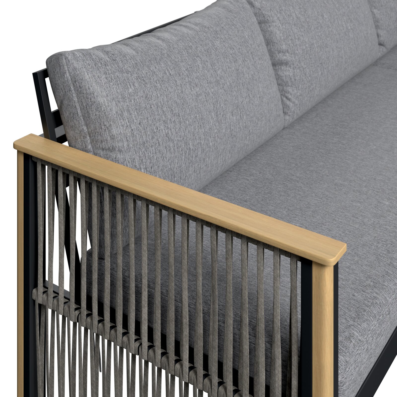 Detailansicht eines Lounge-Sofas mit grauen Kissen und Holzarmlehne, seitliche Perspektive