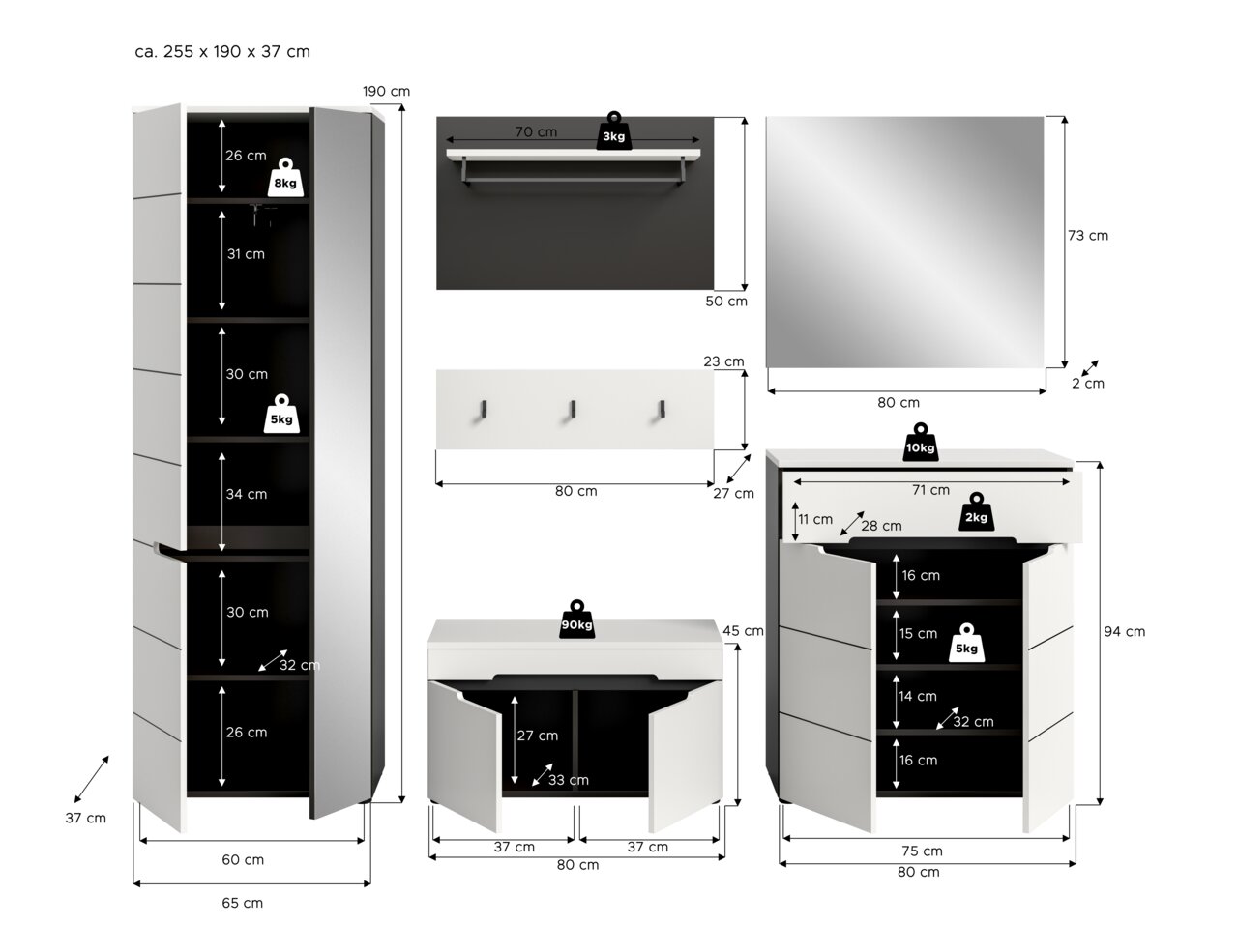 Technische Maßgrafik eines weißen Badmöbel-Sets mit Hochschrank, Unterschrank, Wandregal, Spiegel und Hakenleiste inkl. Abmessungen und Belastungsangaben, dargestellt in Frontalansicht (teils mit geöffneten Türen) auf weißem Hintergrund.