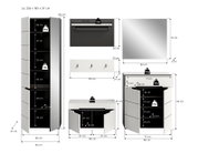 Technische Maßgrafik eines weißen Badmöbel-Sets mit Hochschrank, Unterschrank, Wandregal, Spiegel und Hakenleiste inkl. Abmessungen und Belastungsangaben, dargestellt in Frontalansicht (teils mit geöffneten Türen) auf weißem Hintergrund.