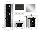 Technische Maßgrafik eines weißen Badmöbel-Sets mit Hochschrank, Unterschrank, Wandregal, Spiegel und Hakenleiste inkl. Abmessungen und Belastungsangaben, dargestellt in Frontalansicht (teils mit geöffneten Türen) auf weißem Hintergrund.