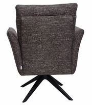 Rückansicht eines braunen Drehsessels mit schwarzem Metallfuß