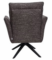 Rückansicht eines braunen Drehsessels mit schwarzem Metallfuß