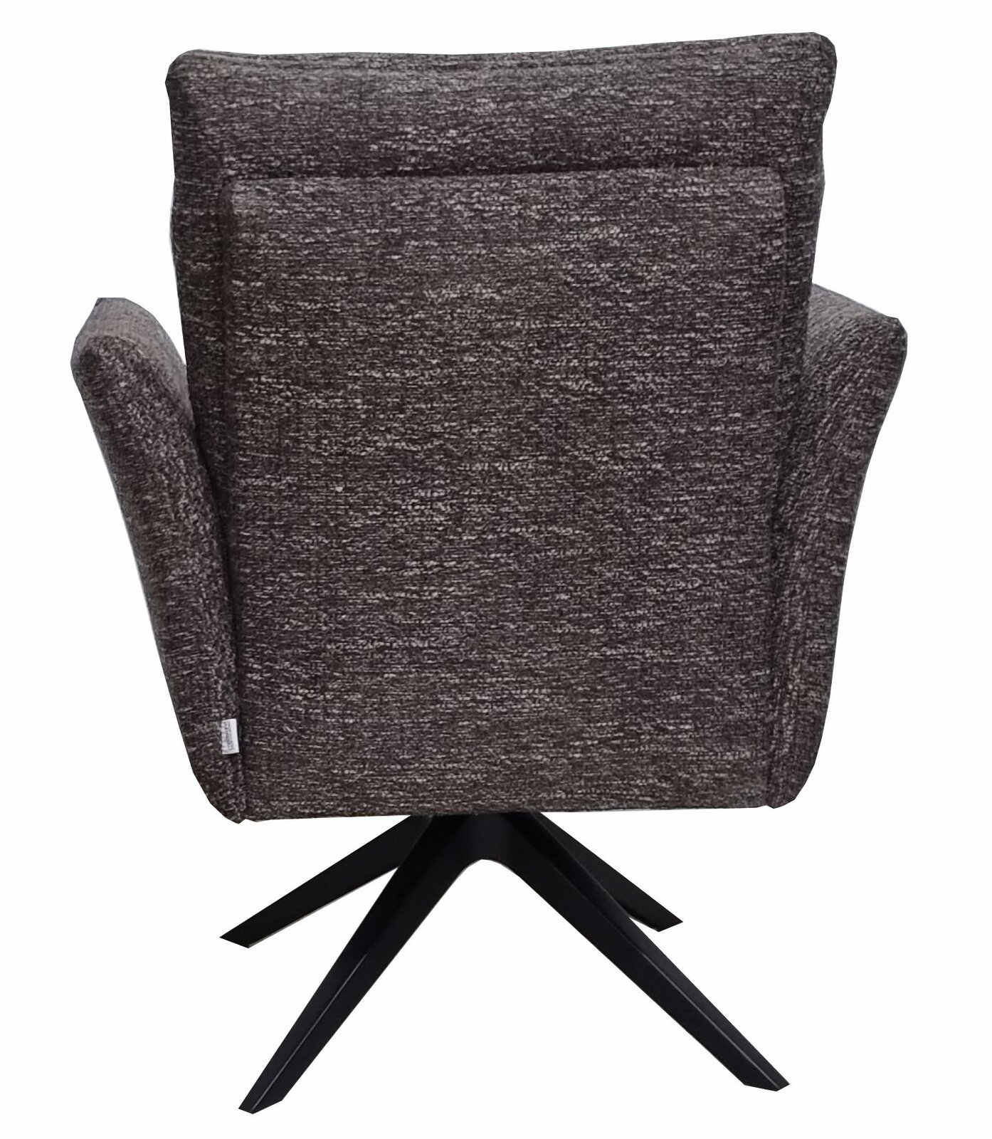 Rückansicht eines braunen Drehsessels mit schwarzem Metallfuß