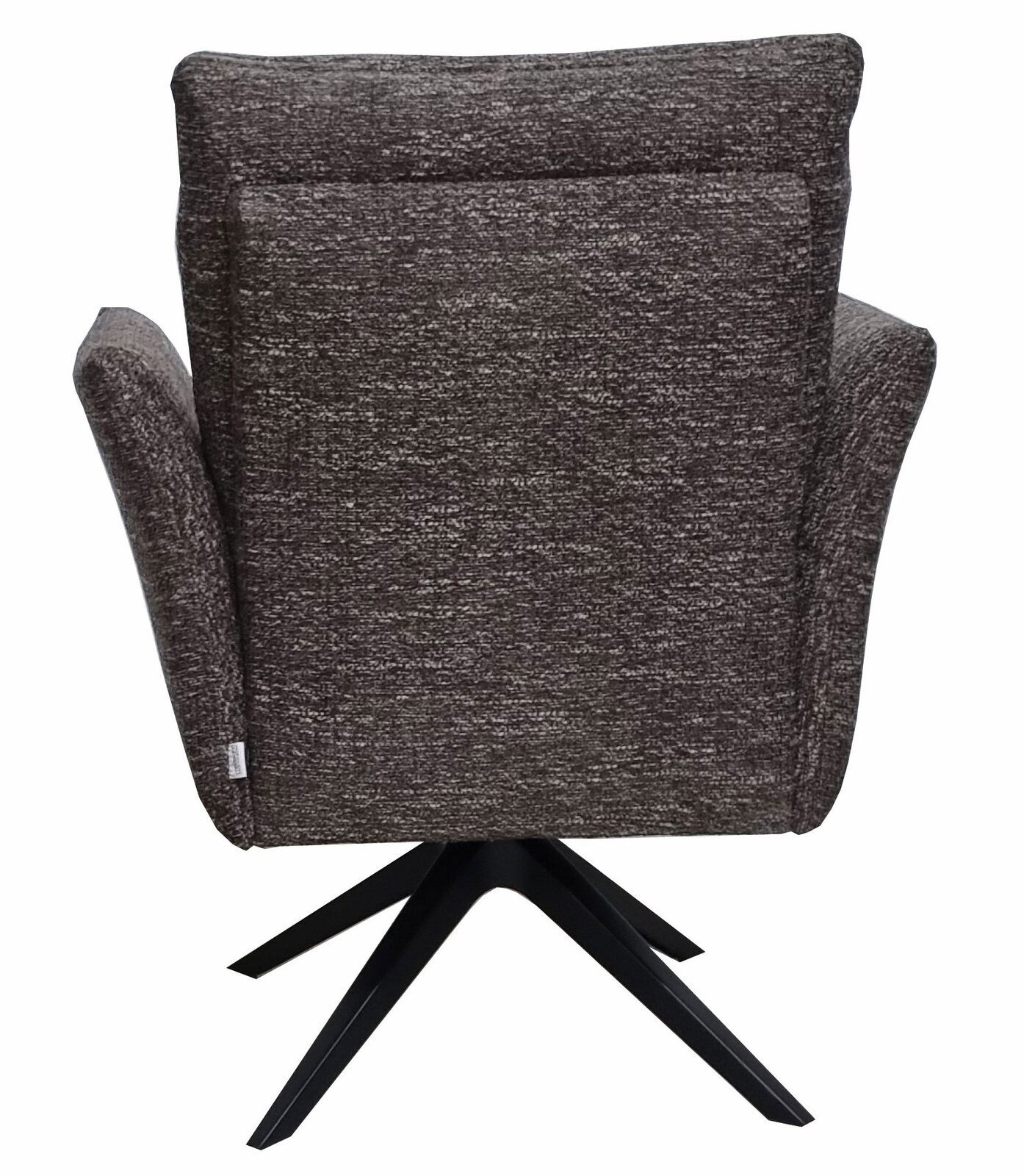 Rückansicht eines braunen Drehsessels mit schwarzem Metallfuß