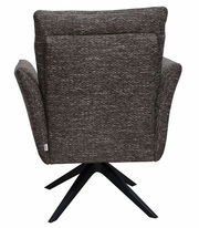 Rückansicht eines braunen Drehsessels mit schwarzem Metallfuß