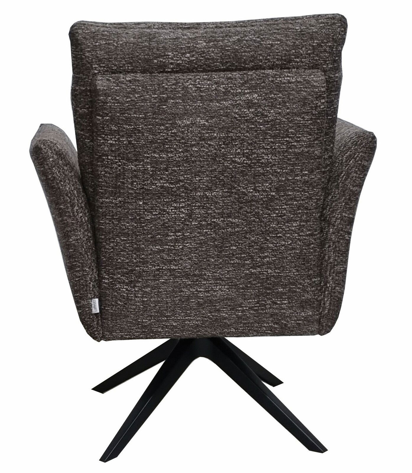 Rückansicht eines braunen Drehsessels mit schwarzem Metallfuß