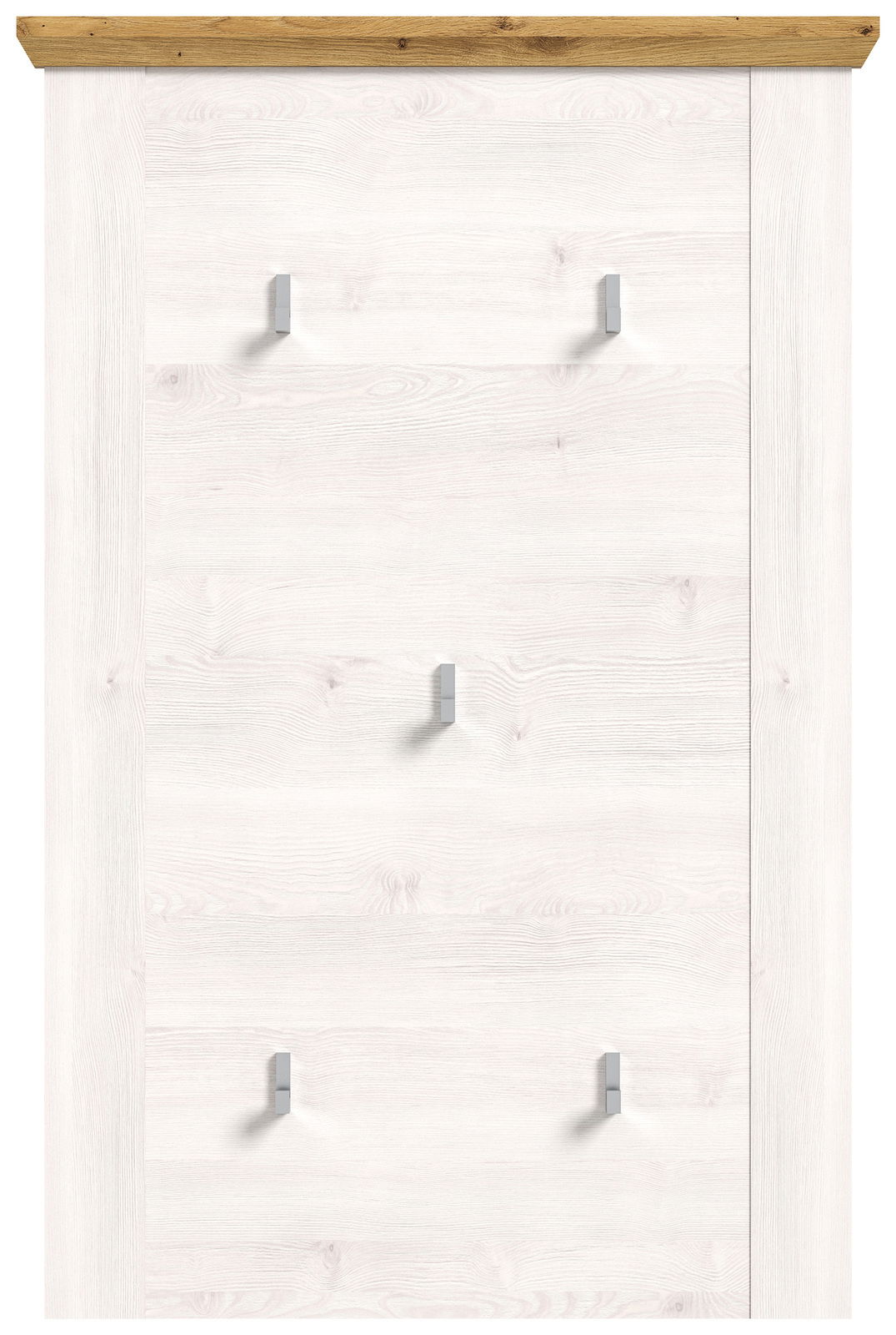 Garderobenpaneel in heller Holzoptik mit mehreren Haken, frontal betrachtet.