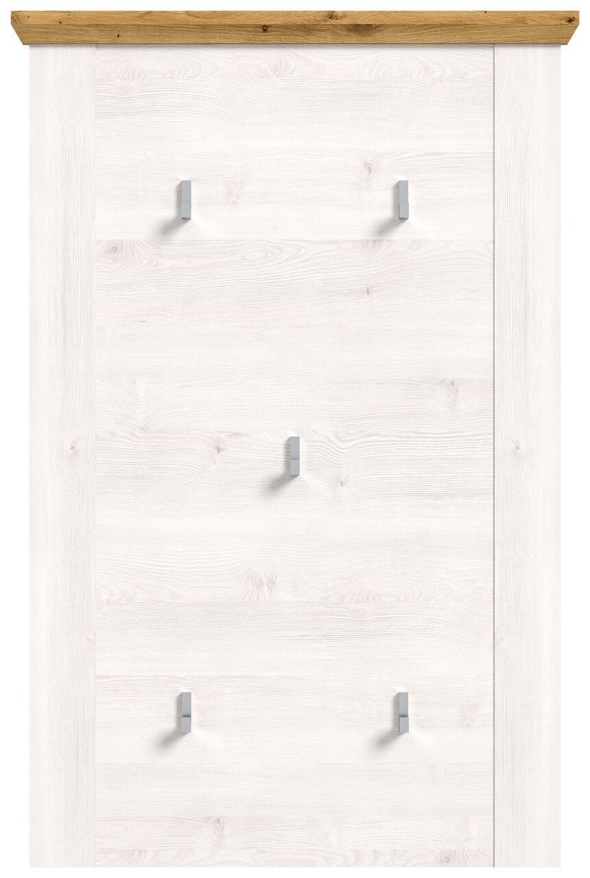 Garderobenpaneel in heller Holzoptik mit mehreren Haken, frontal betrachtet.