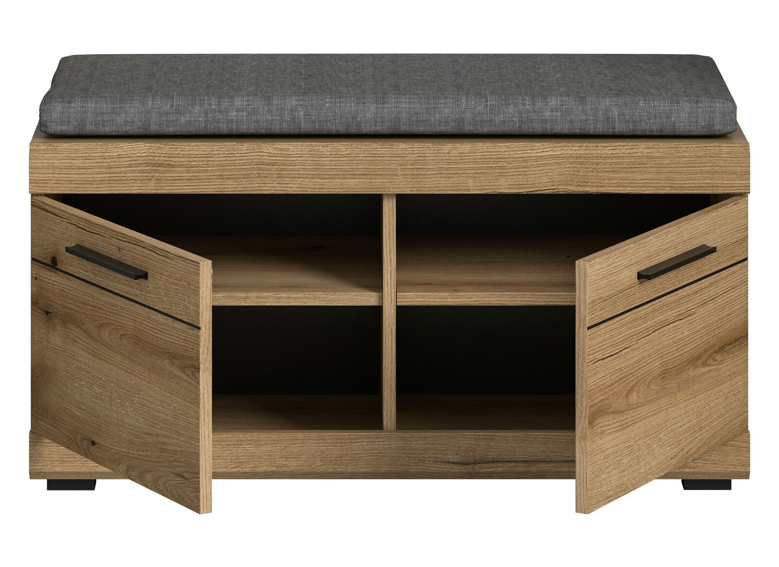 Sitzbank mit grauem Sitzkissen, offene Türen, Holzoptik, frontale Ansicht