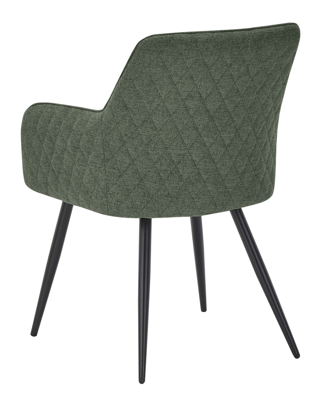 Rückansicht eines grünen Armlehnstuhls mit rautenförmiger Steppung und schwarzen, schlanken Beinen.