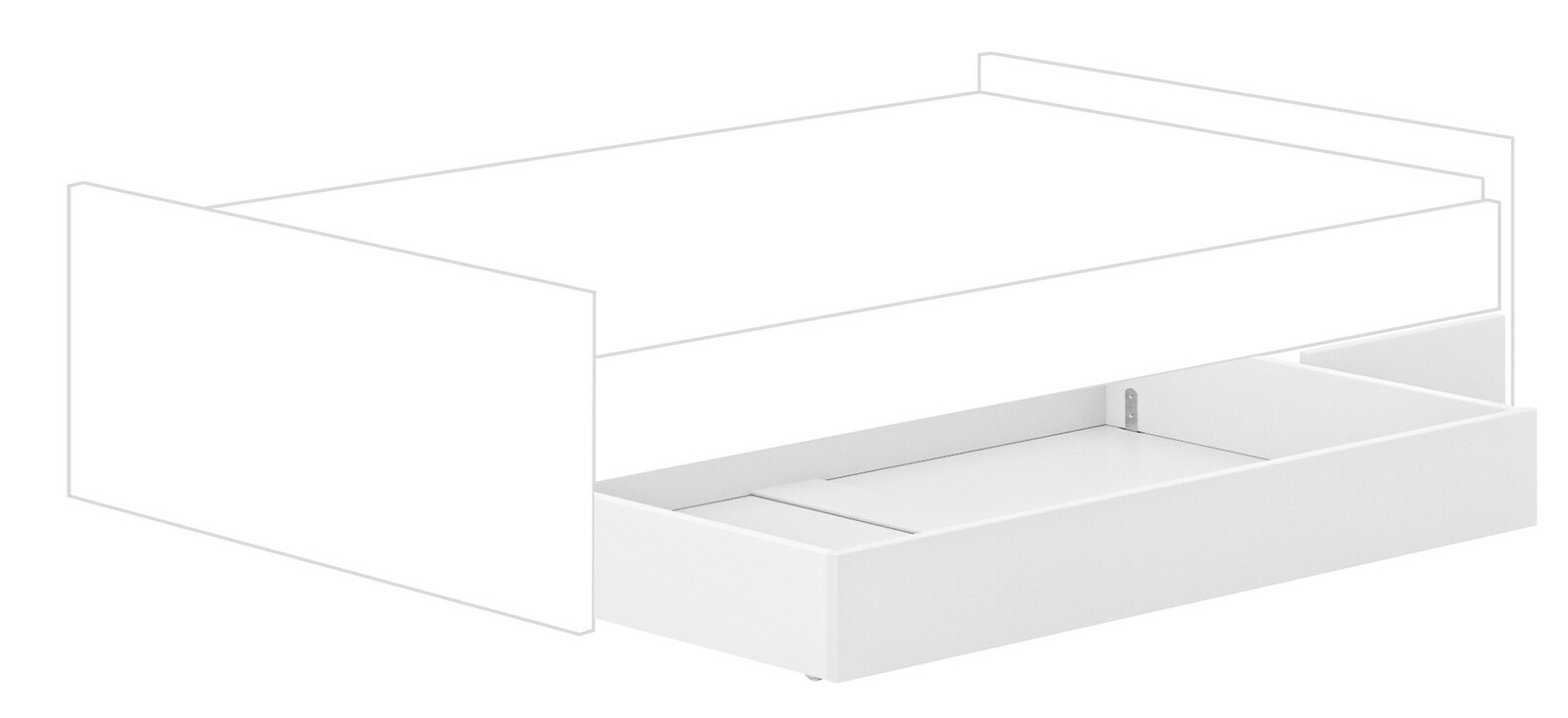 Großer Bettkasten in Weiß, perspektivisch von vorne rechts gezeigt, teilweise unter einem Bettgestell hervorgezogen.