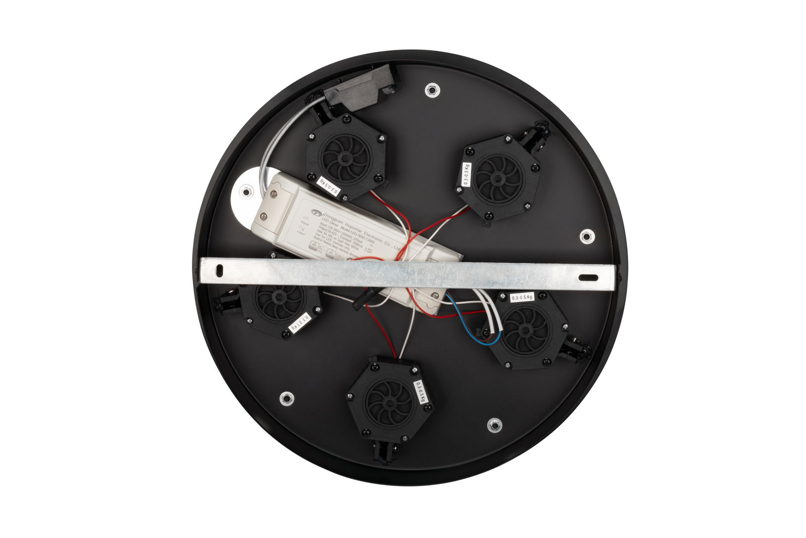 Rückansicht einer runden LED-Hängeleuchte mit sichtbaren Kabeln und Befestigungselementen.