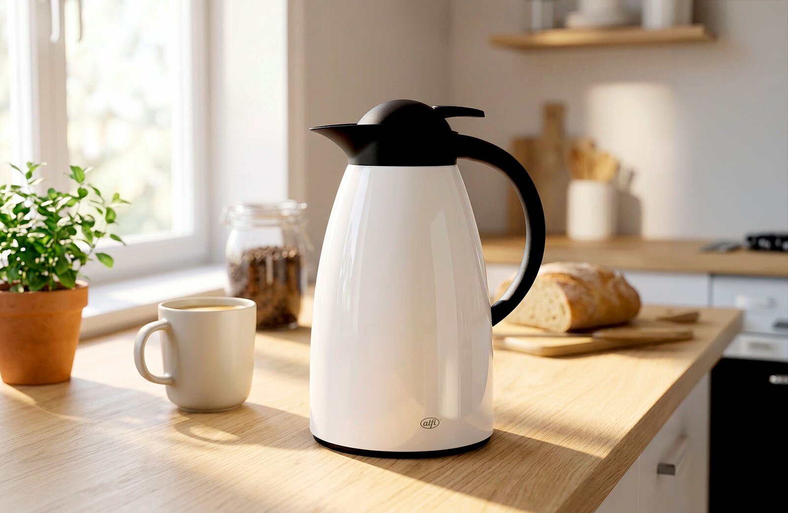 Weiße Isolierkanne/Thermoskanne mit schwarzem Deckel und Griff auf Holz-Küchenarbeitsplatte neben einer Kaffeetasse, frontal in leichter Seitenansicht aufgenommen