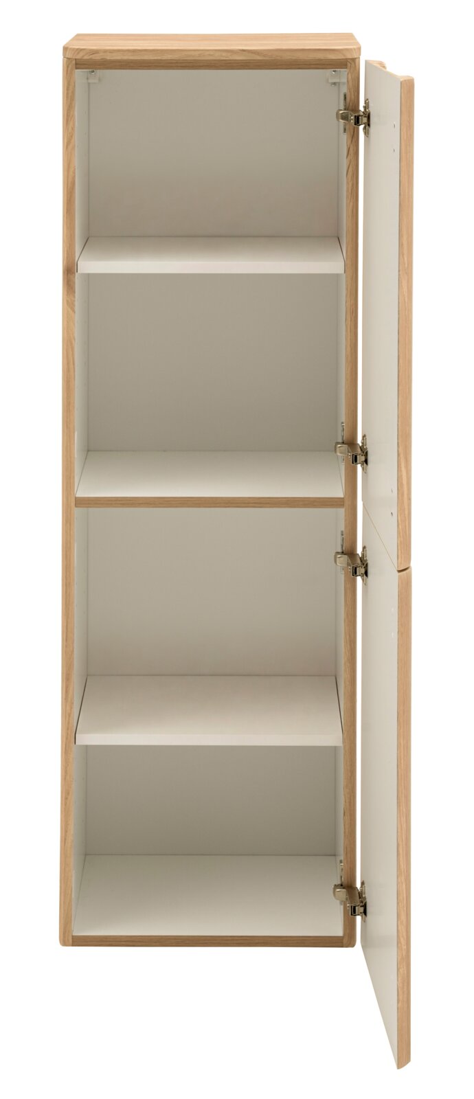 XORA Midischrank OCEAN Offener, schmaler Hochschrank aus hellem Holz mit weißem Innenraum und zwei Einlegeböden, Tür nach rechts geöffnet; Frontansicht.