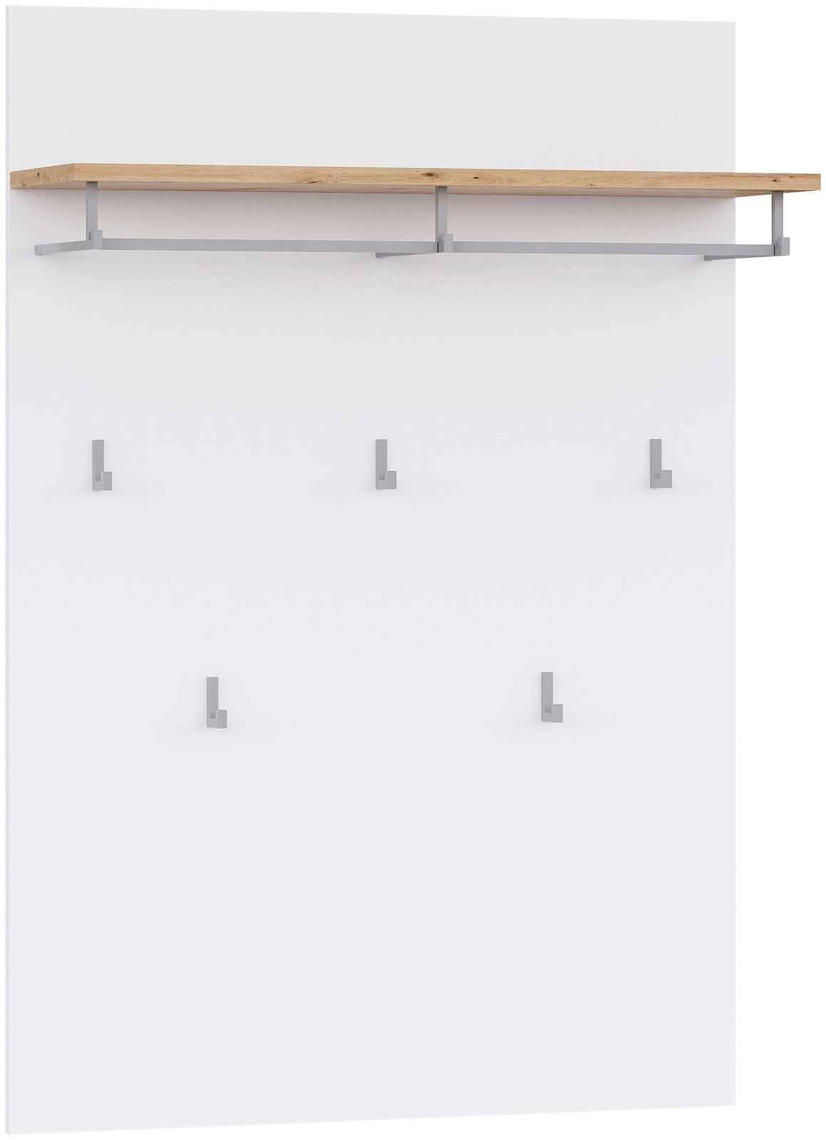 Wandgarderobe mit weißer Rückwand, Holzablage und fünf grauen Haken, frontal aus leichter Schrägperspektive von vorn aufgenommen