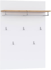 Wandgarderobe mit weißer Rückwand, Holzablage und fünf grauen Haken, frontal aus leichter Schrägperspektive von vorn aufgenommen