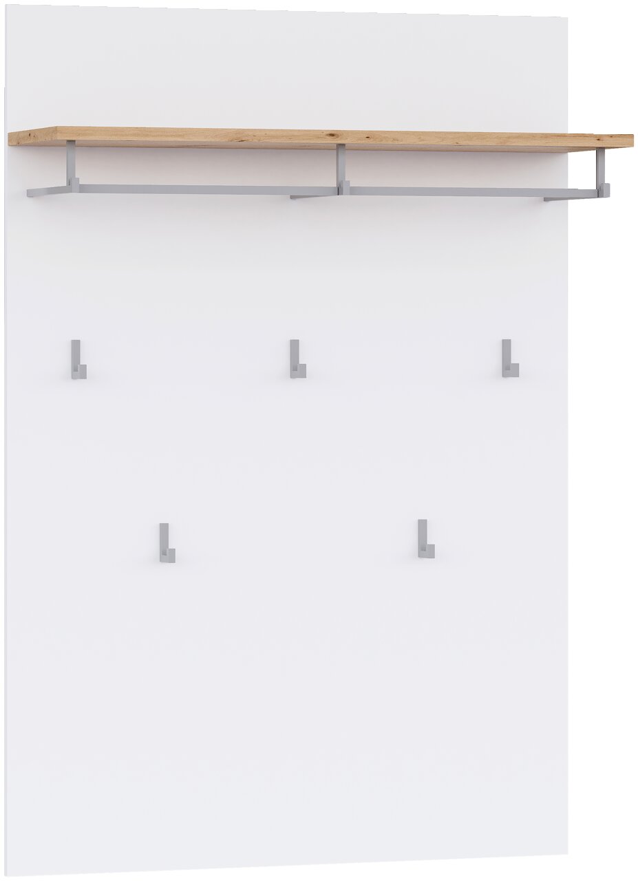 Wandgarderobe mit weißer Rückwand, Holzablage und fünf grauen Haken, frontal aus leichter Schrägperspektive von vorn aufgenommen