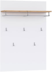 Wandgarderobe mit weißer Rückwand, Holzablage und fünf grauen Haken, frontal aus leichter Schrägperspektive von vorn aufgenommen