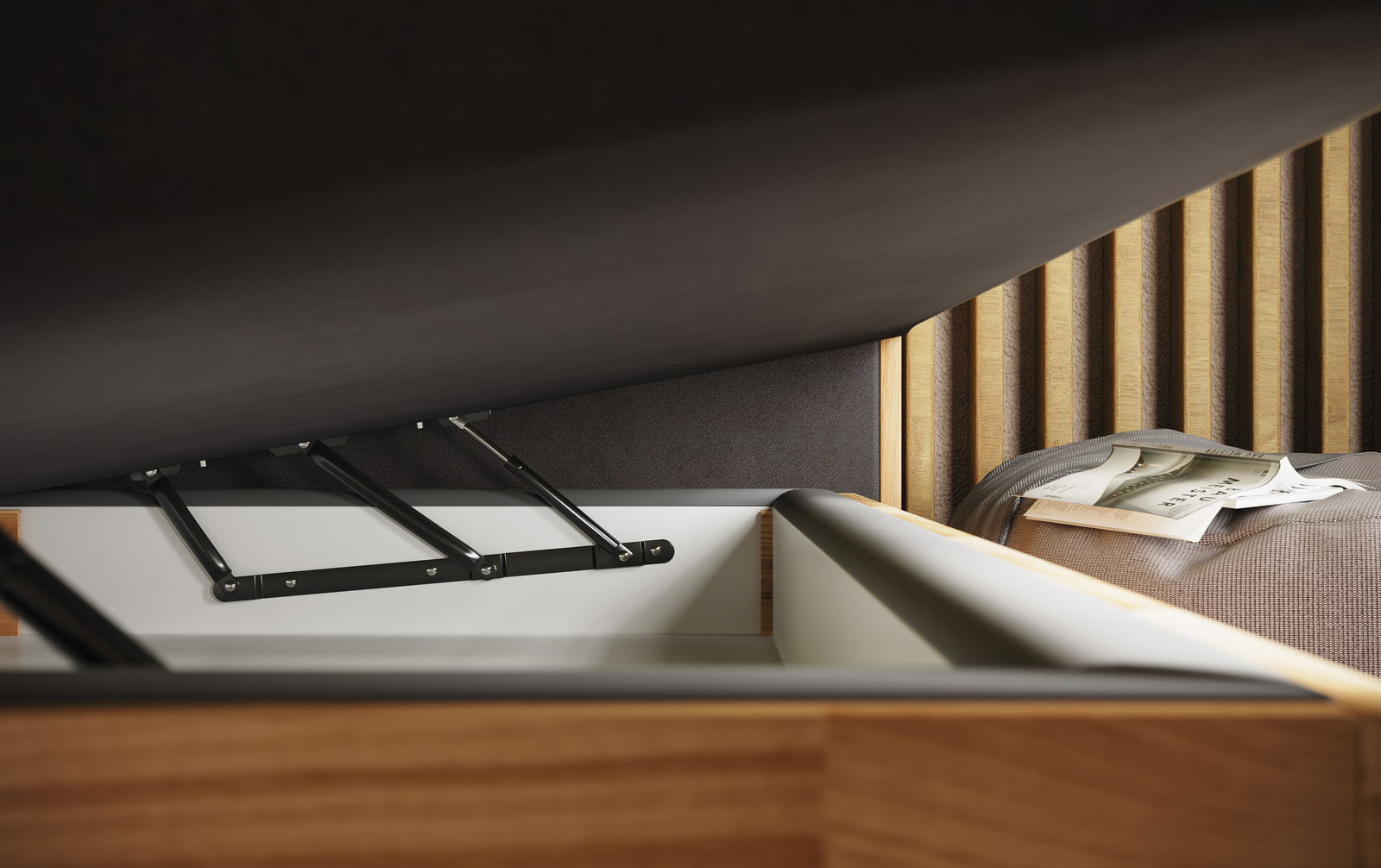 Nahaufnahme eines geöffneten Boxspringbetts mit Stauraum, seitliche Perspektive