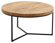 Runder Couchtisch mit Holzplatte und schwarzem Metallgestell, seitliche Perspektive