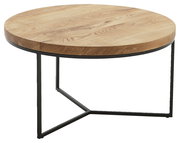 Runder Couchtisch mit Holzplatte und schwarzem Metallgestell, seitliche Perspektive