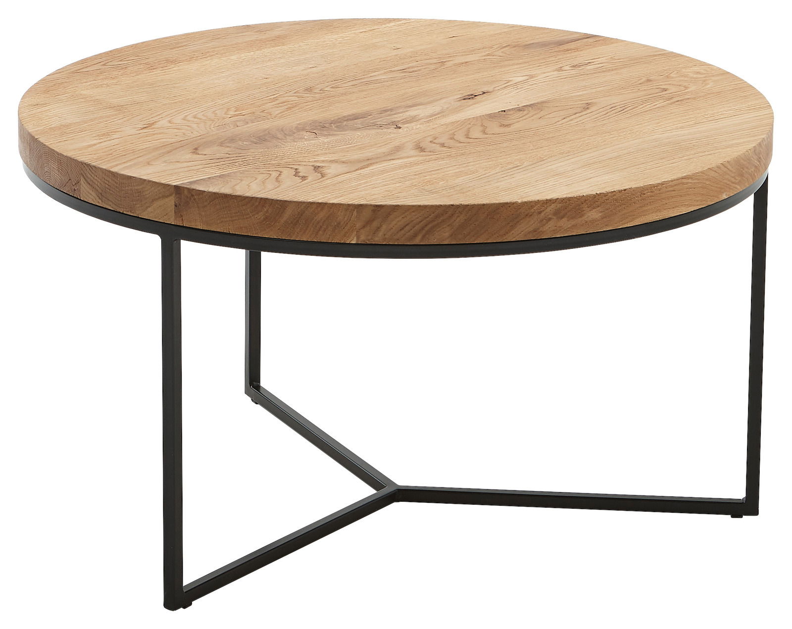 Runder Couchtisch mit Holzplatte und schwarzem Metallgestell, seitliche Perspektive