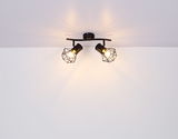 Deckenstrahler aus schwarzem Metall mit zwei verstellbaren Leuchten in geometrischem Design, Perspektive von unten