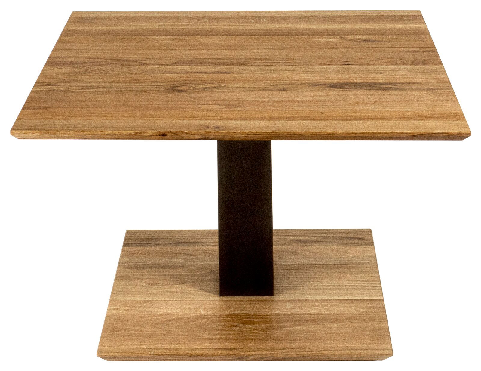 Moderner Couchtisch aus Holz mit quadratischer Tischplatte und stabiler Basis, seitliche Perspektive