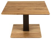 Moderner Couchtisch aus Holz mit quadratischer Tischplatte und stabiler Basis, seitliche Perspektive