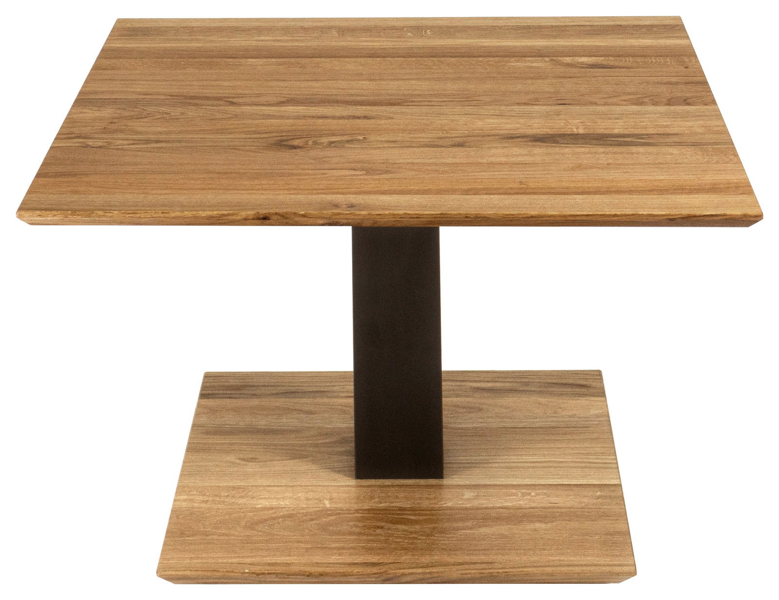 Moderner Couchtisch aus Holz mit quadratischer Tischplatte und stabiler Basis, seitliche Perspektive