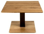 Moderner Couchtisch aus Holz mit quadratischer Tischplatte und stabiler Basis, seitliche Perspektive