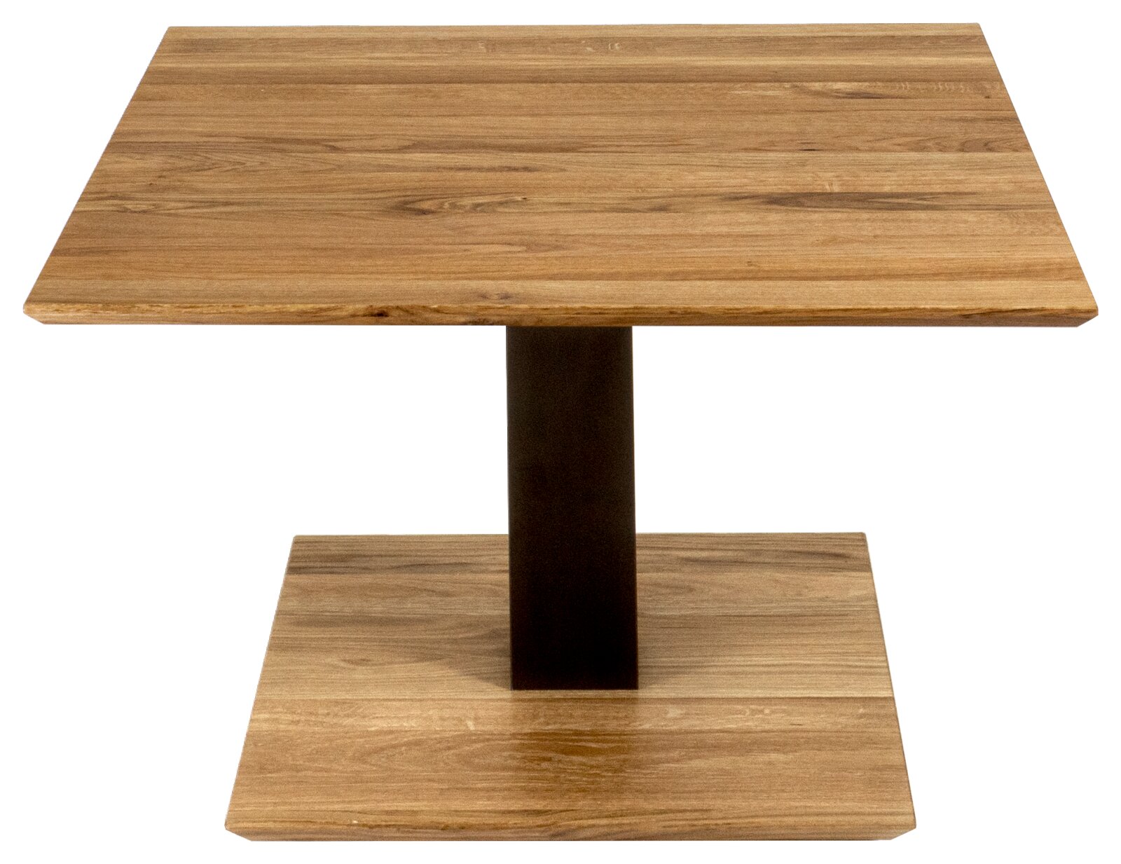 Moderner Couchtisch aus Holz mit quadratischer Tischplatte und stabiler Basis, seitliche Perspektive