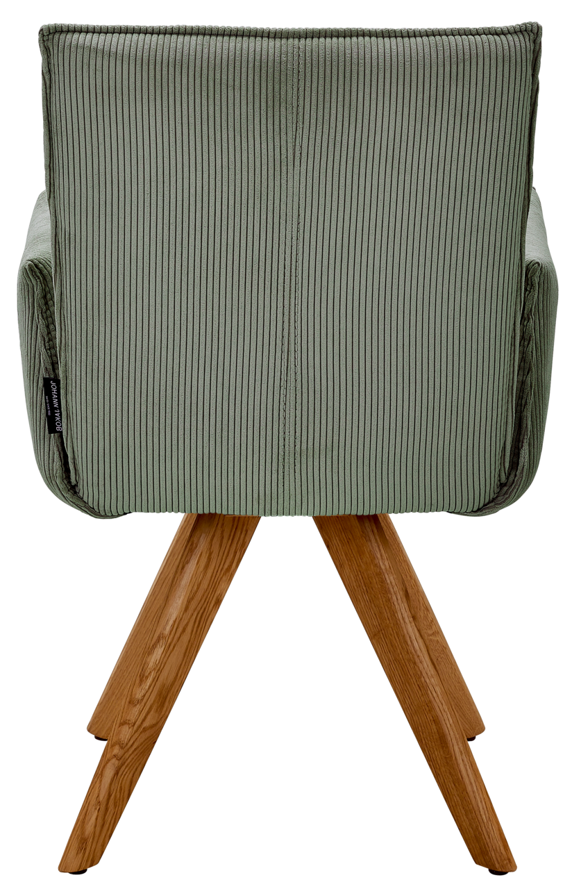 Johann Jakob Armlehnstuhl CALAS Rückansicht eines grünen Armlehnstuhls mit Holzbeinen