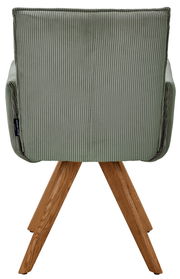 Rückansicht eines grünen Armlehnstuhls mit Holzbeinen