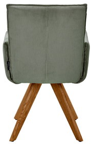 Rückansicht eines grünen Armlehnstuhls mit Holzbeinen