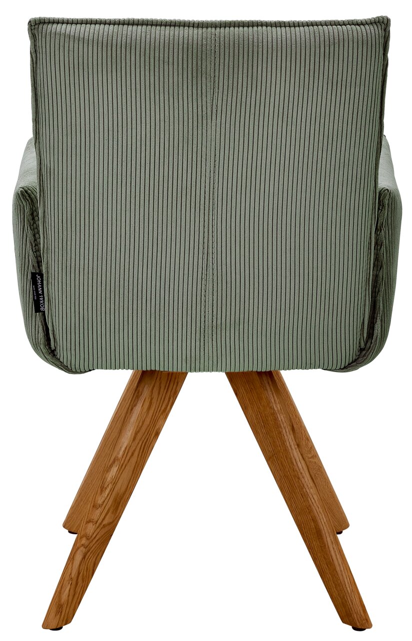 Rückansicht eines grünen Armlehnstuhls mit Holzbeinen