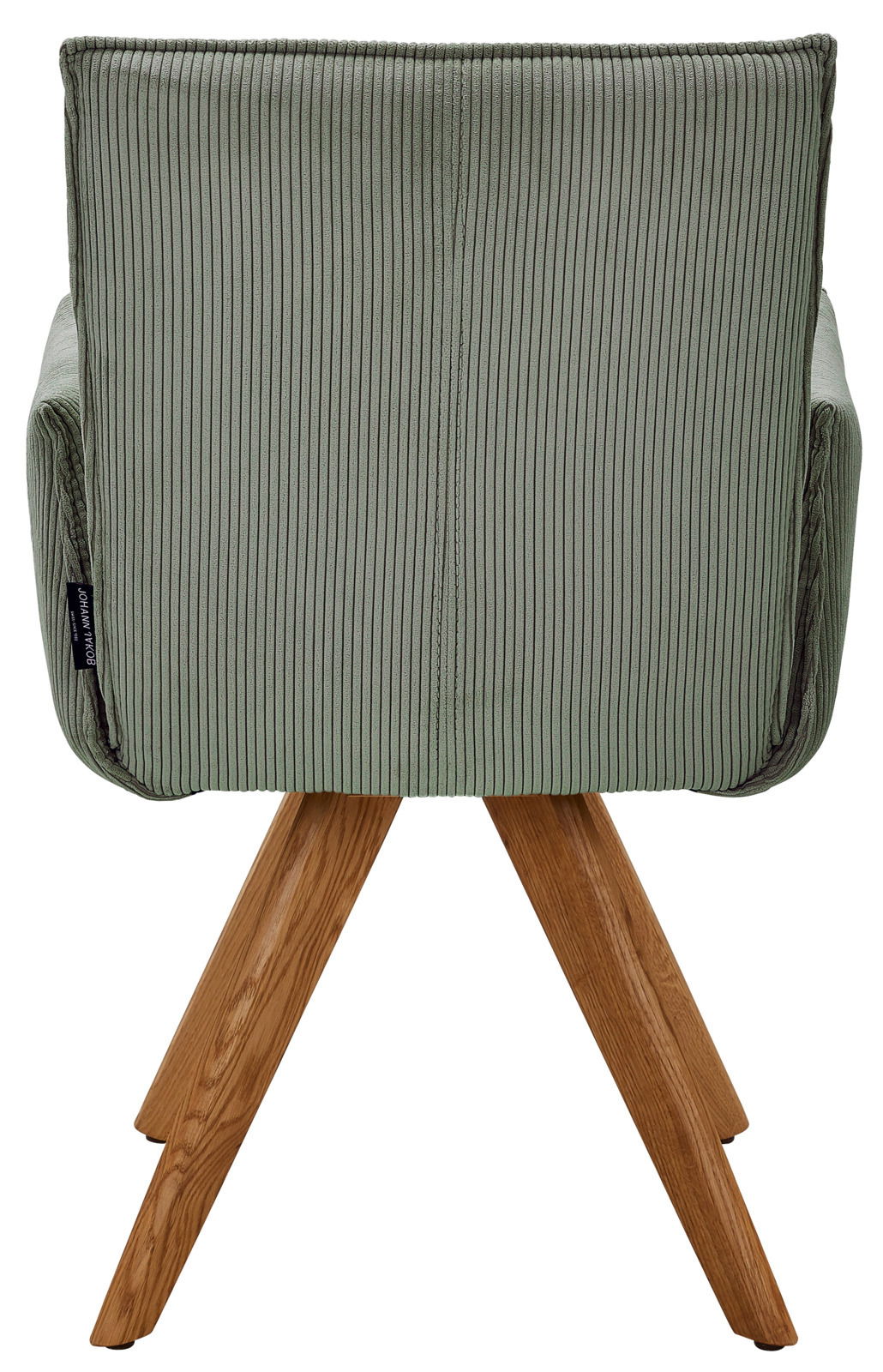 Rückansicht eines grünen Armlehnstuhls mit Holzbeinen