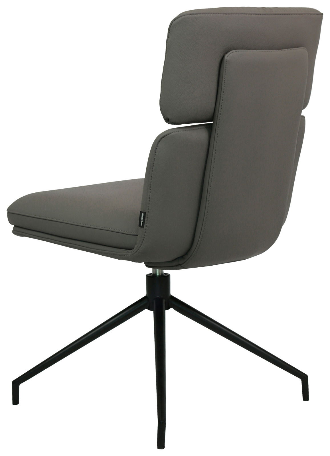 Moderner grauer Stuhl mit gepolsterter Rückenlehne und schwarzem Metallgestell, seitliche Perspektive
